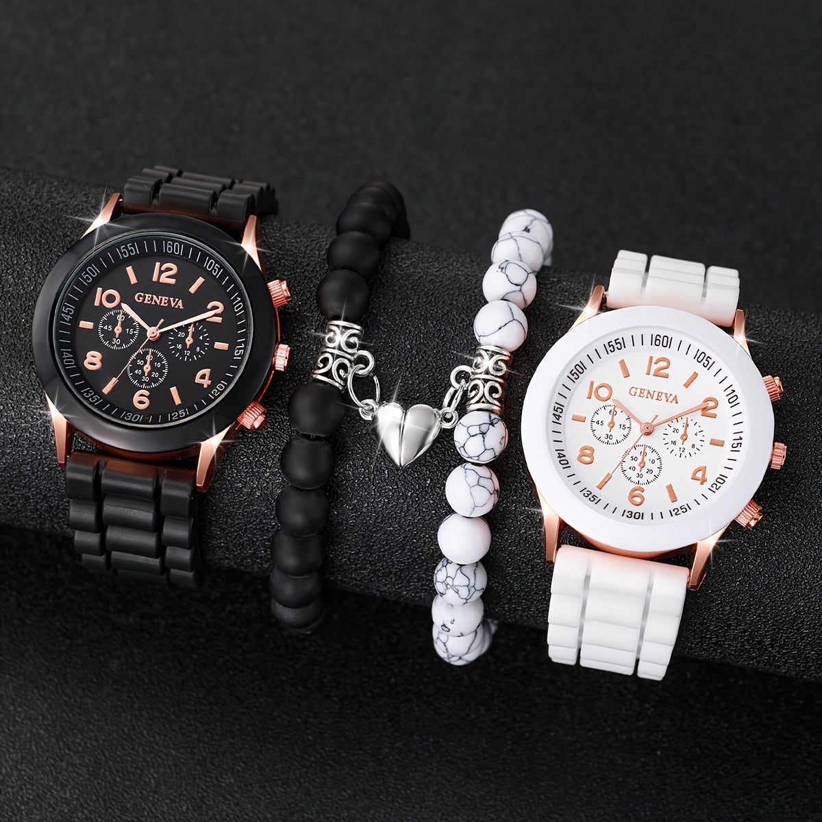 4pcs/set Casual Fashion Couples Quartz Watch Analog Silicone Wrist Watch & Heart Matching Bracelets, Valentines Gift For Him Her
