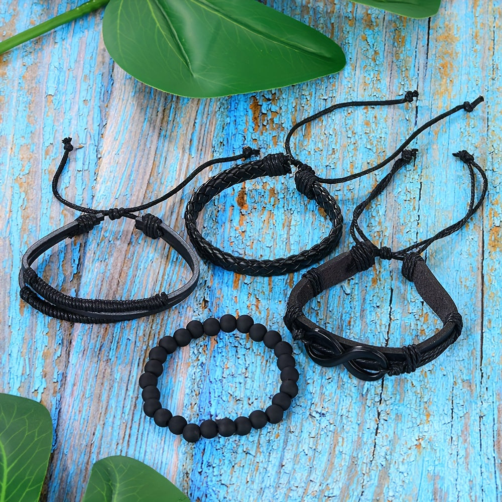 4pcs Möbius Strip Men's PU Leather Bracelets, Beads Multi-Layered Bracelets, Father's Day Gift