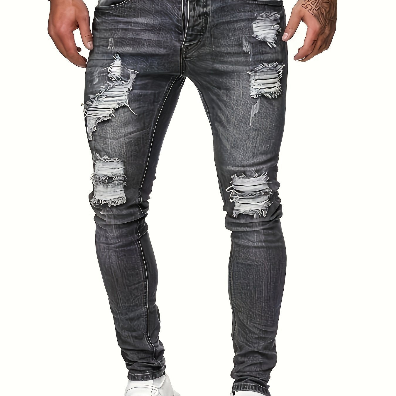 Mid Stretch Slim Fit Ripped Cotton Jeans, Men's Casual Street Style Distressed Denim Pants For Spring Summer