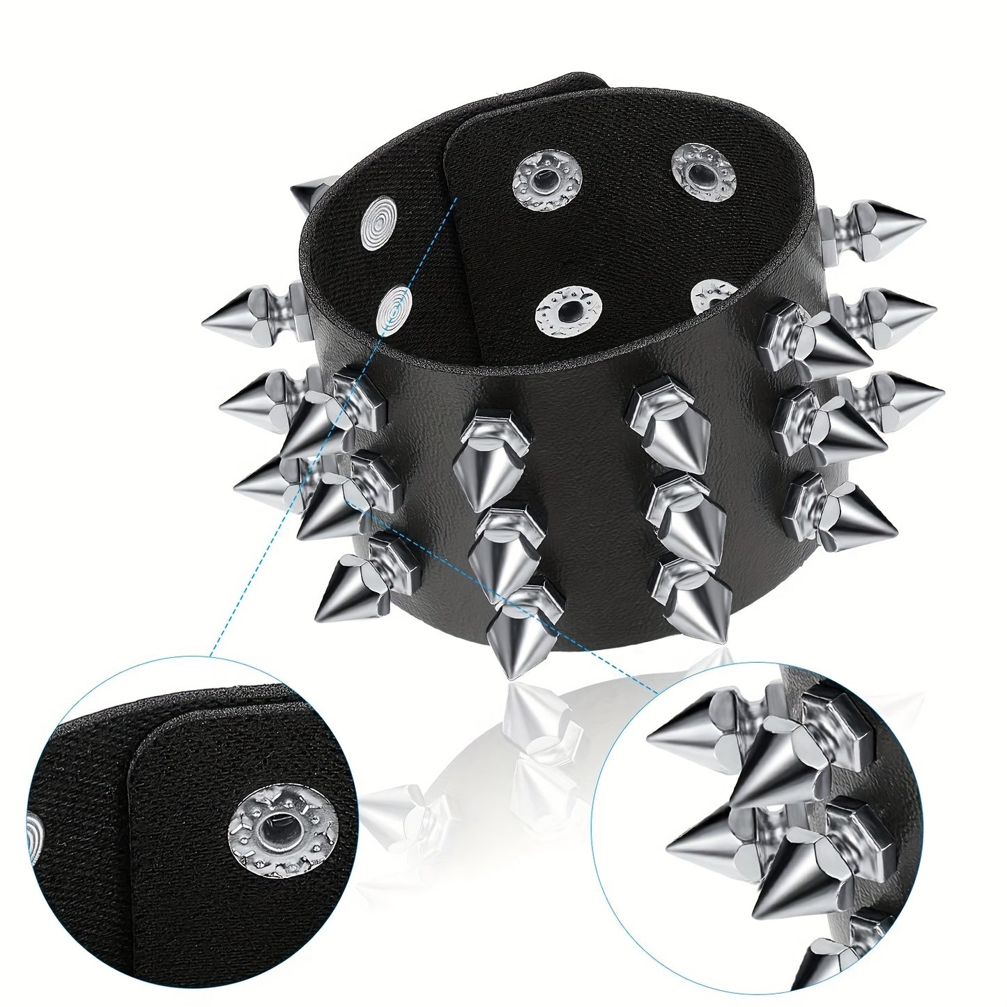 6pcs Punk Gothic Faux Leather Bracelets with Studded Spikes & Rivet Buckles - Adjustable Black Wristbands for Men, 80s Rock Style Party Accessories