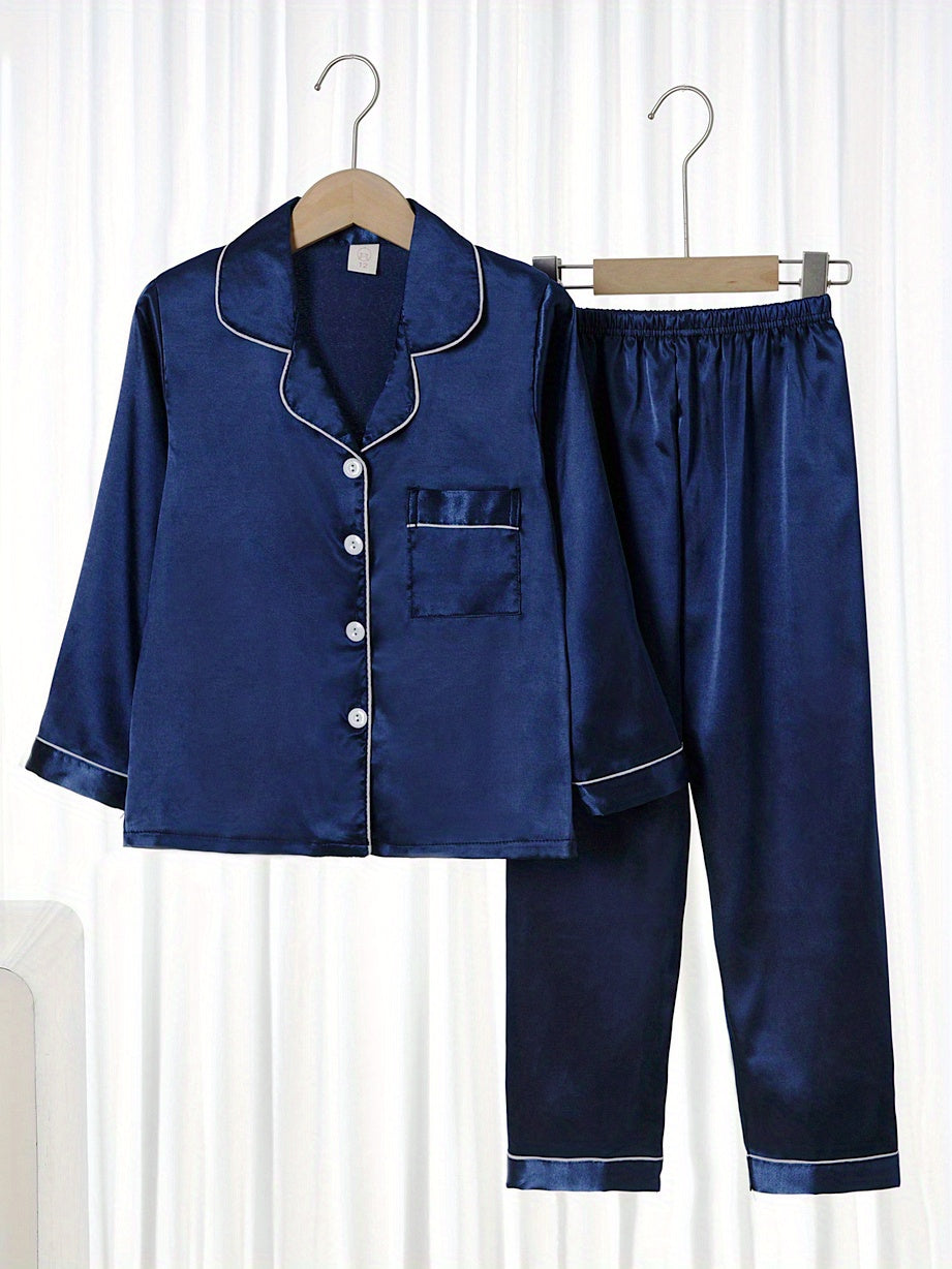 2pcs 2-Piece Boys & Girls Long Sleeve Button-Up Shirt & Pants Pajama Set