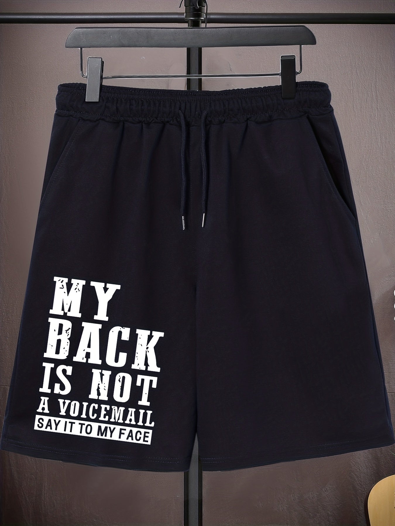 Men's Plus Size Drawstring Shorts - "MY BACK IS NOT A VOICEMAIL" Print, Oversized Black Sports Pants for Big and Tall, Elastic Waistband, Polyester, Casual Style for Spring/Summer, PLUS SIZE