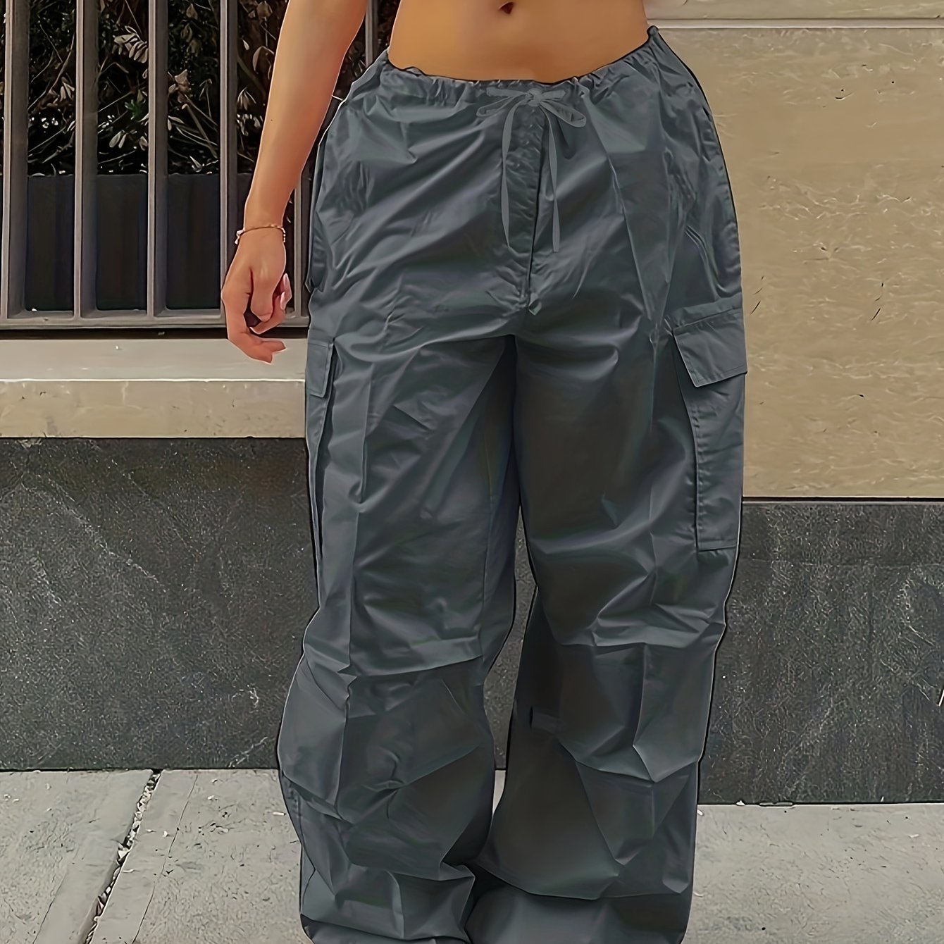Y2K Loose Drawstring Cargo Pants, Casual Pocket High Waist Solid Wide Leg Fashion Comfy Pants, Women's Clothing