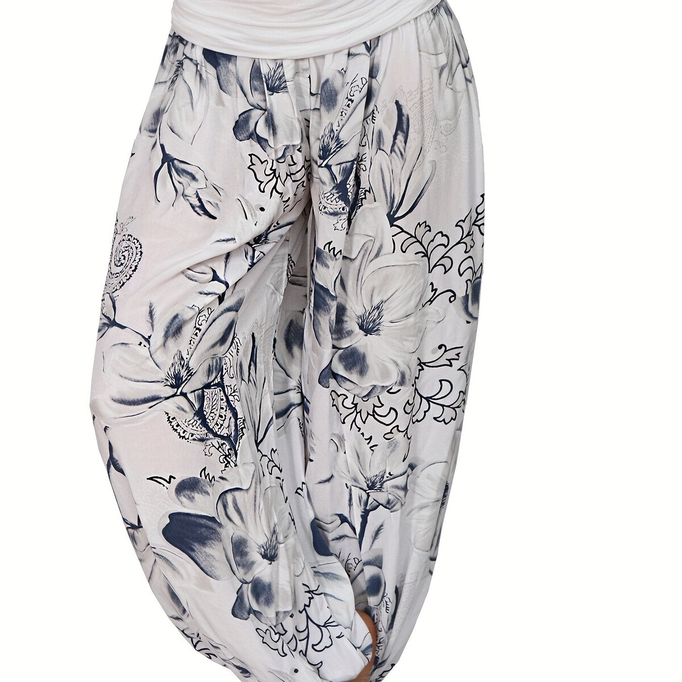 Women's Floral Print Harem Pants - Lightweight Polyester, Wide Leg, Casual Vacation Style, Blue and White Flowers, Relaxed Fit Pants|Vacation Style Pants|Machine Washable Fabric, Ladies Pants