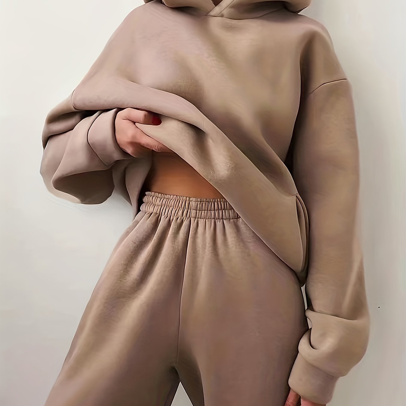 Casual Solid Two-piece Set, Kangaroo Pocket Hoodie & Elastic Waist Pants Outfits, Women's Clothing