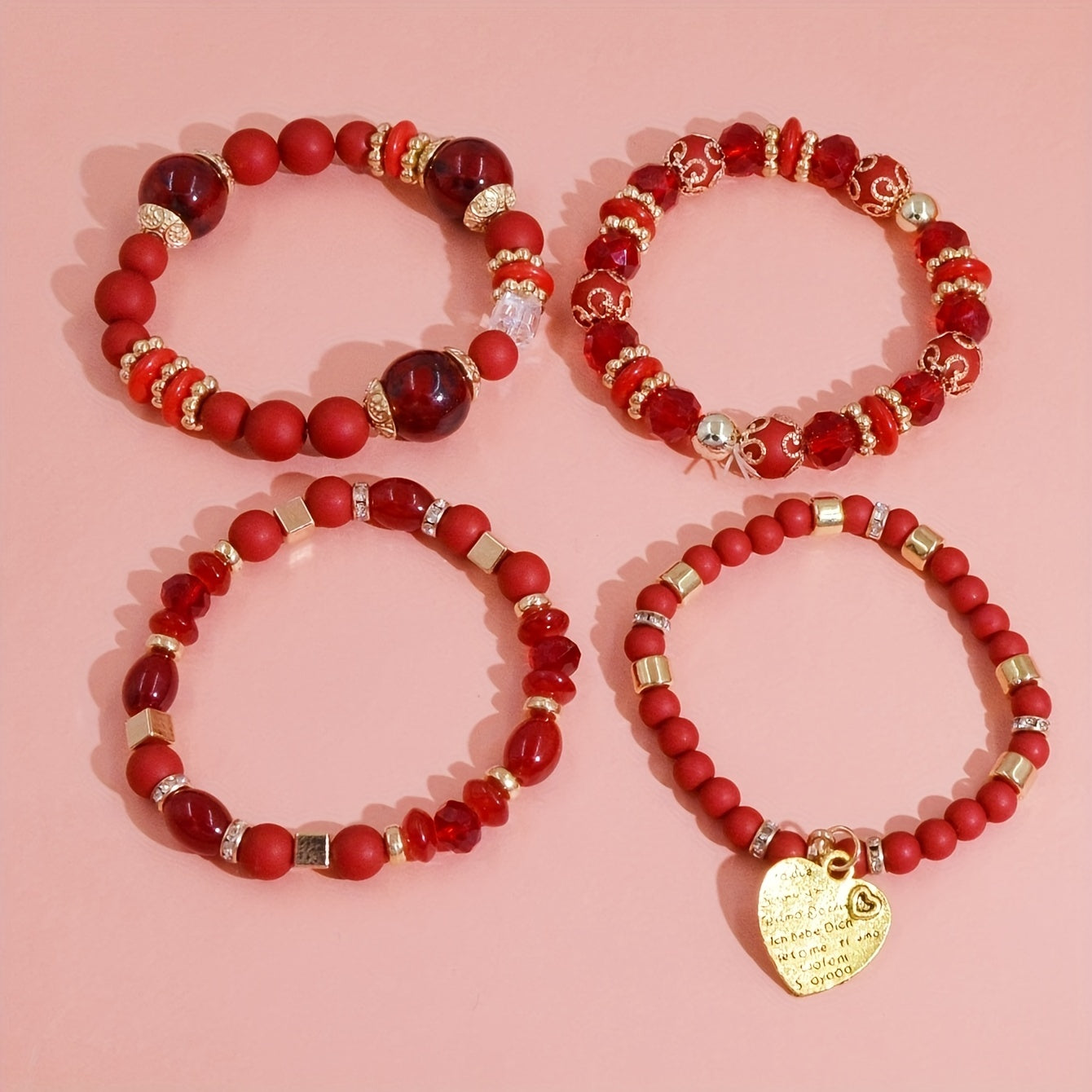4pcs Heart Charm Beaded Bracelets - Unique Gift for Family, Friends, Boyfriends, Girlfriends, Perfect for Holiday, Birthday, Anniversary, and Romantic Occasions