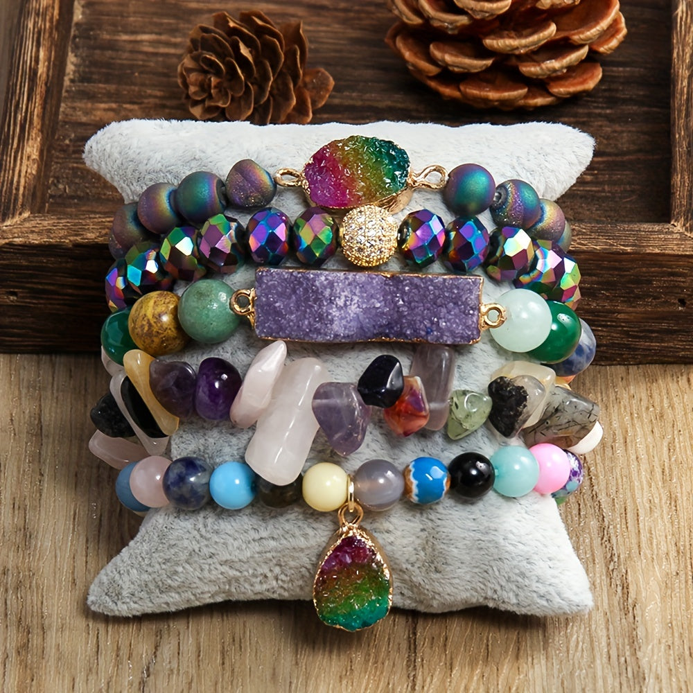 5pcs Bohemian Classic Beaded Bracelet Set, Natural Stone Druzy Gravel Glass, February Birthstone, Elastic Stackable Bracelets for Daily & Vacation Wear, Synthetic Zirconia Accents, All Seasons