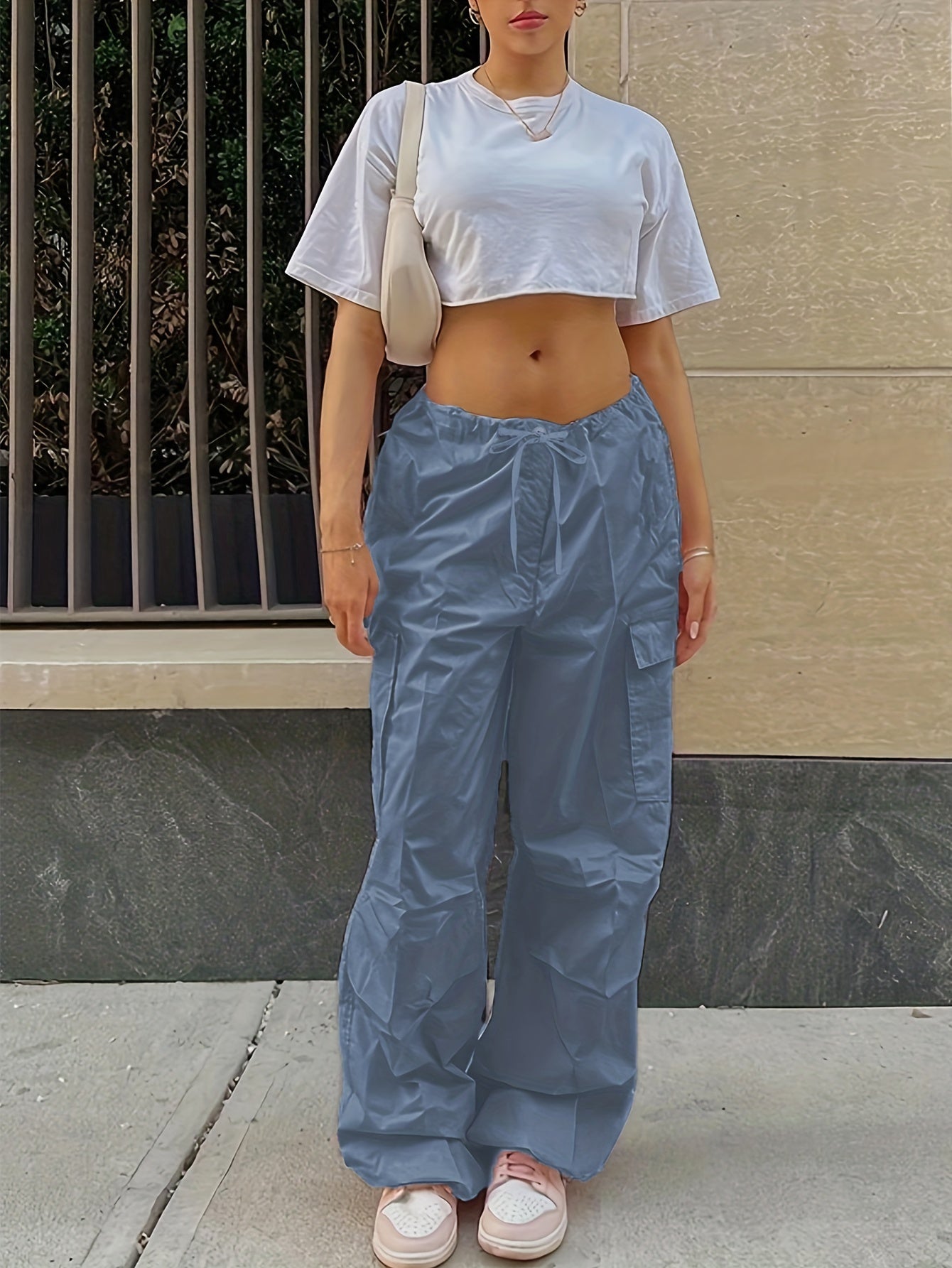 Y2K Loose Drawstring Cargo Pants, Casual Pocket High Waist Solid Wide Leg Fashion Comfy Pants, Women's Clothing