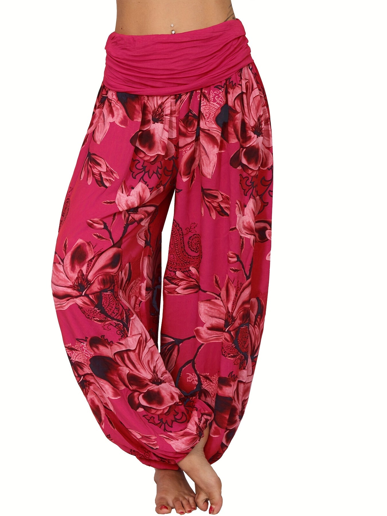 Boho Floral Print Ruched Harem Pants, Casual Bohemian Pants For Spring & Summer, Women's Clothing