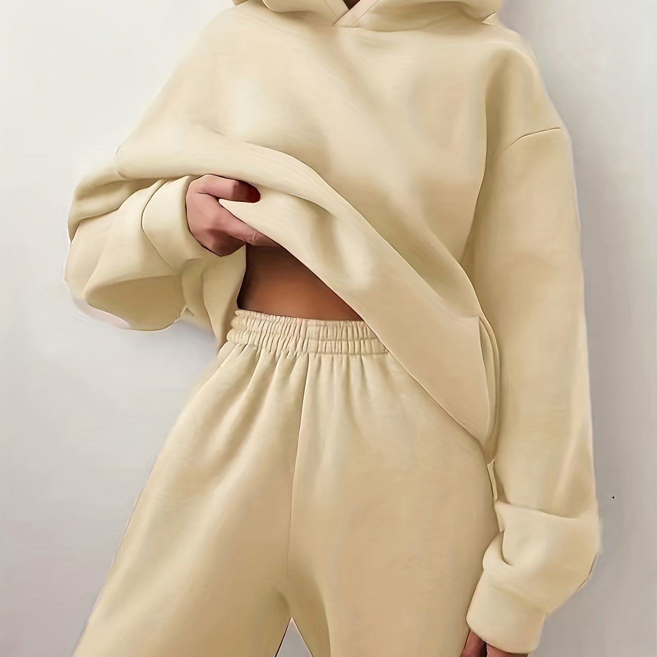 Casual Solid Two-piece Set, Kangaroo Pocket Hoodie & Elastic Waist Pants Outfits, Women's Clothing