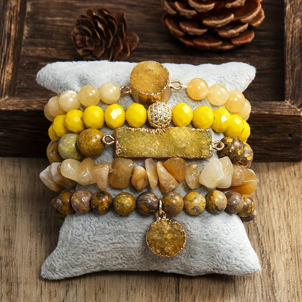 5pcs Bohemian Classic Beaded Bracelet Set, Natural Stone Druzy Gravel Glass, February Birthstone, Elastic Stackable Bracelets for Daily & Vacation Wear, Synthetic Zirconia Accents, All Seasons