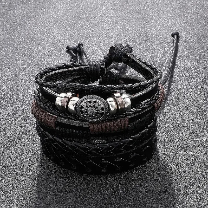 4Pcs/set Fashionable Vintage PU Leather Woven Bracelet Men Charm Bracelets, Father's Day Gift