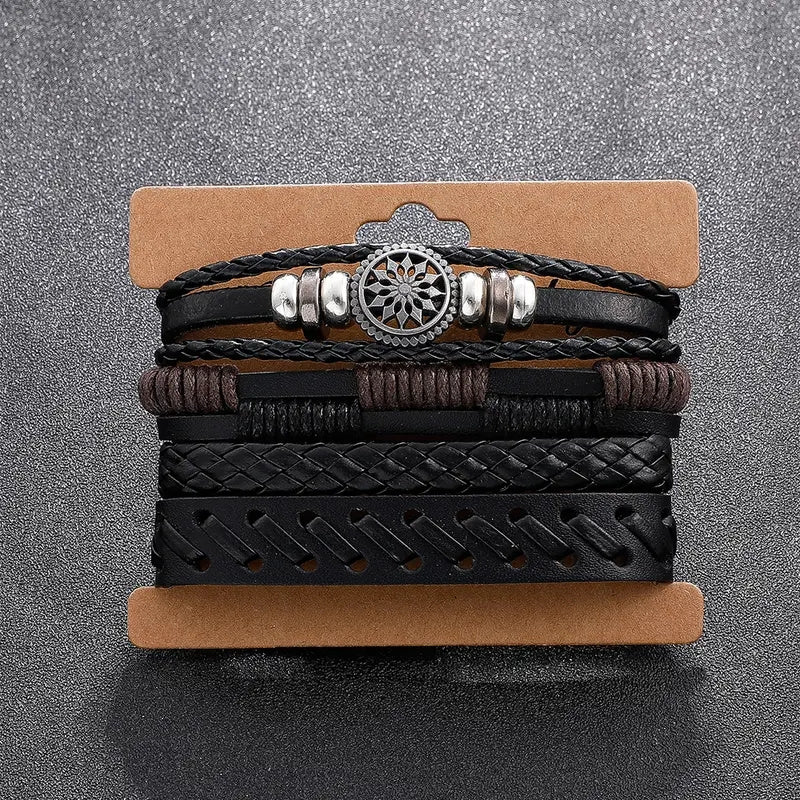 4Pcs/set Fashionable Vintage PU Leather Woven Bracelet Men Charm Bracelets, Father's Day Gift