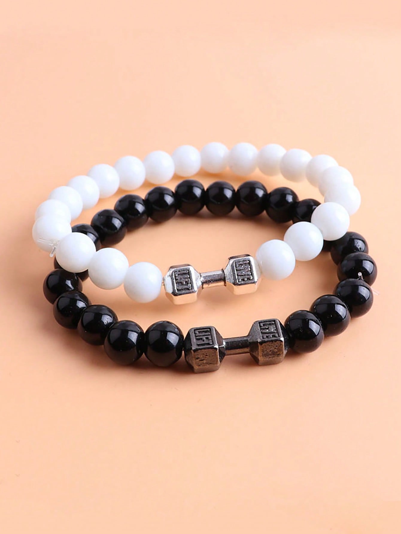 2pcs Men Dumbbell Decor Beaded Bracelets, Gift For Family And Friends, Holiday Birthday Gift For Boyfriends