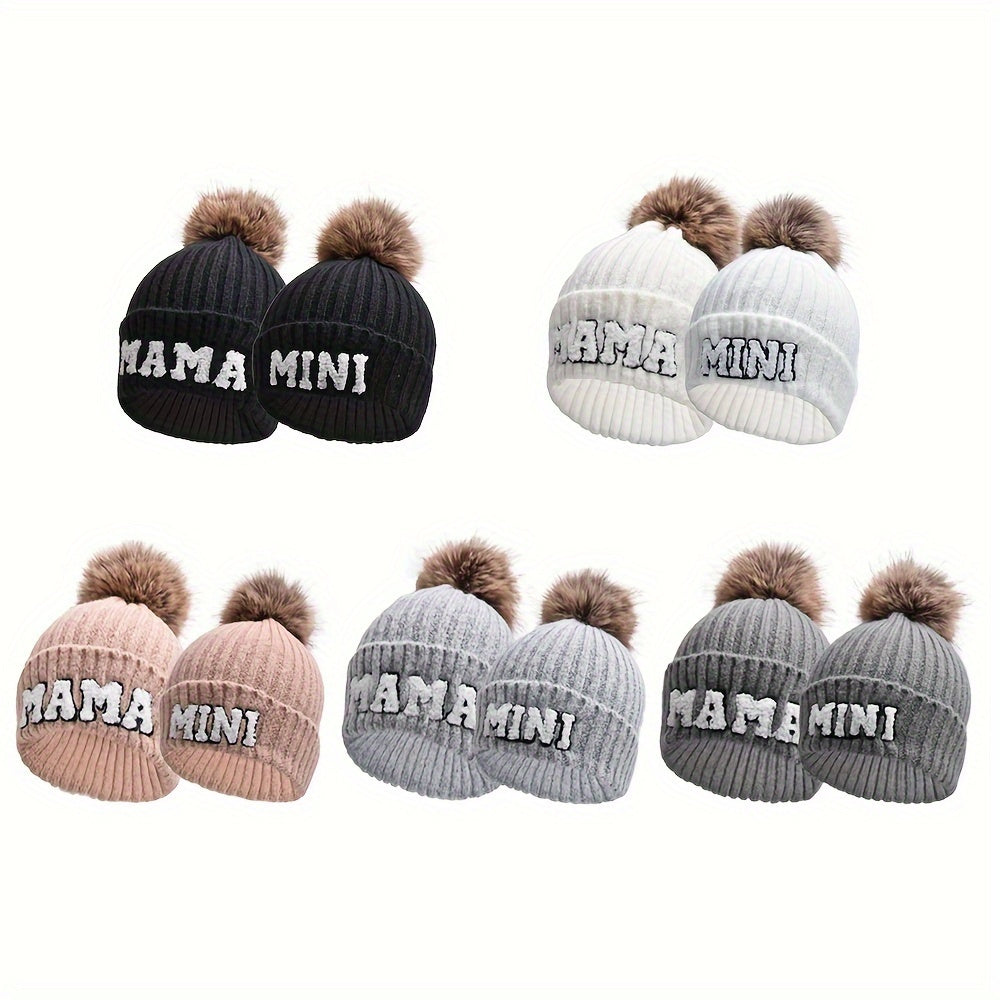 2-Piece Parent-Child Beanie Hats Set - Hats & Caps, Soft, Thickened, Knitted, Warm, Fur Ball, Mama and Mini, Christmas Gift, Winter Skiing Headwear
