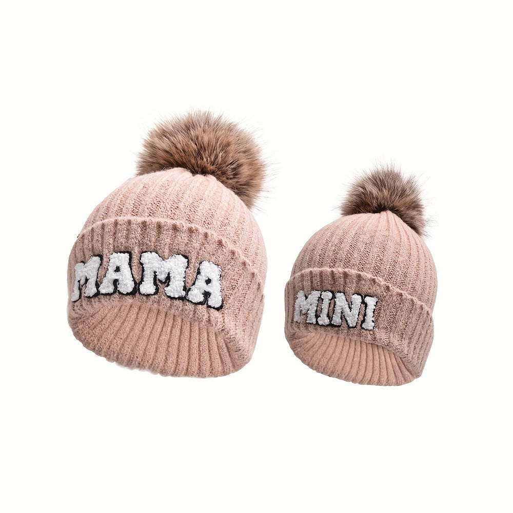 2-Piece Parent-Child Beanie Hats Set - Hats & Caps, Soft, Thickened, Knitted, Warm, Fur Ball, Mama and Mini, Christmas Gift, Winter Skiing Headwear