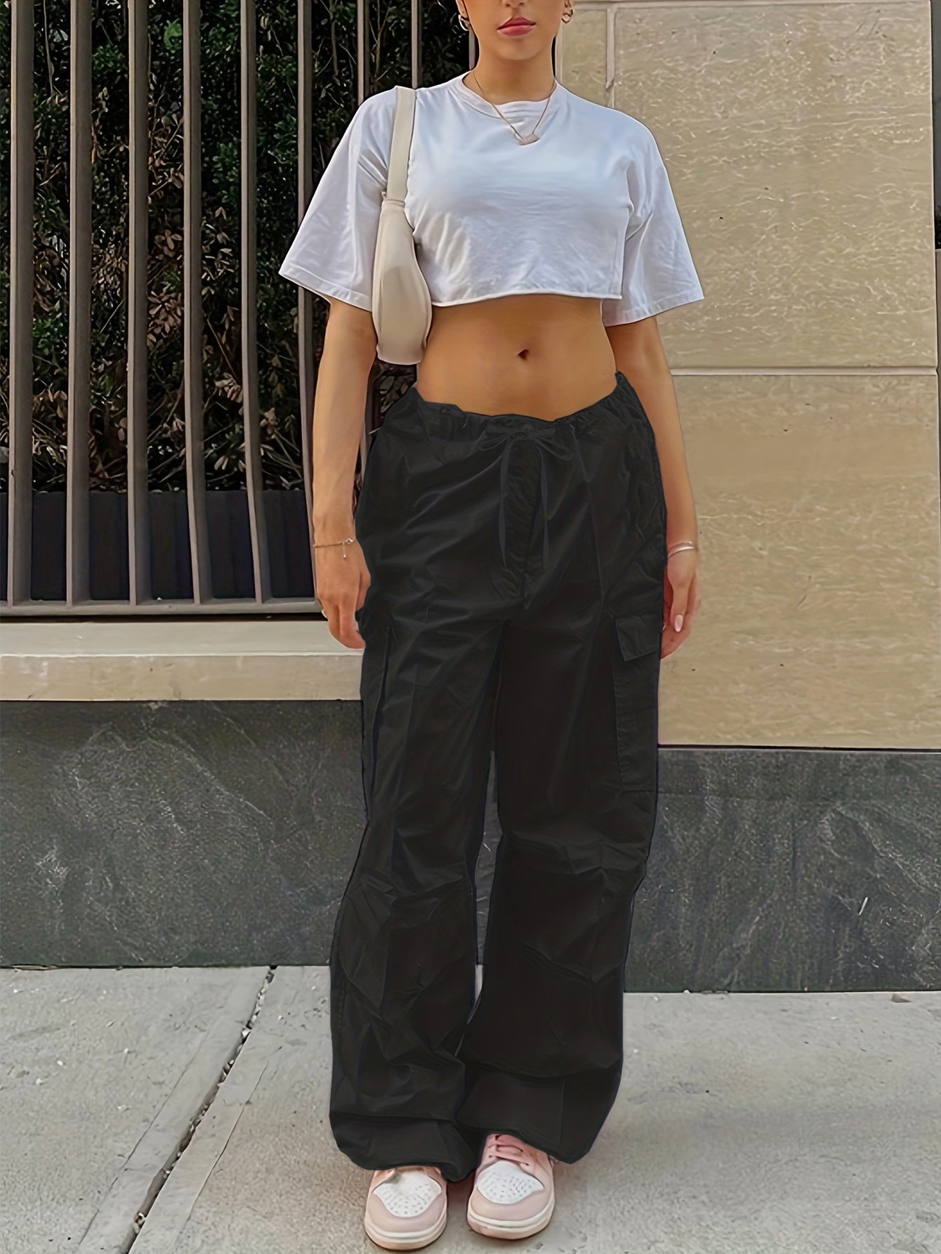 Y2K Loose Drawstring Cargo Pants, Casual Pocket High Waist Solid Wide Leg Fashion Comfy Pants, Women's Clothing