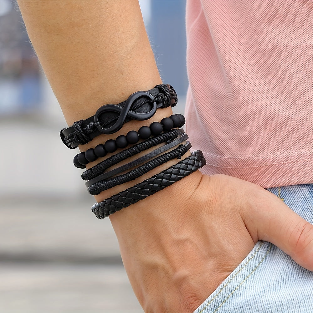 4pcs Möbius Strip Men's PU Leather Bracelets, Beads Multi-Layered Bracelets, Father's Day Gift