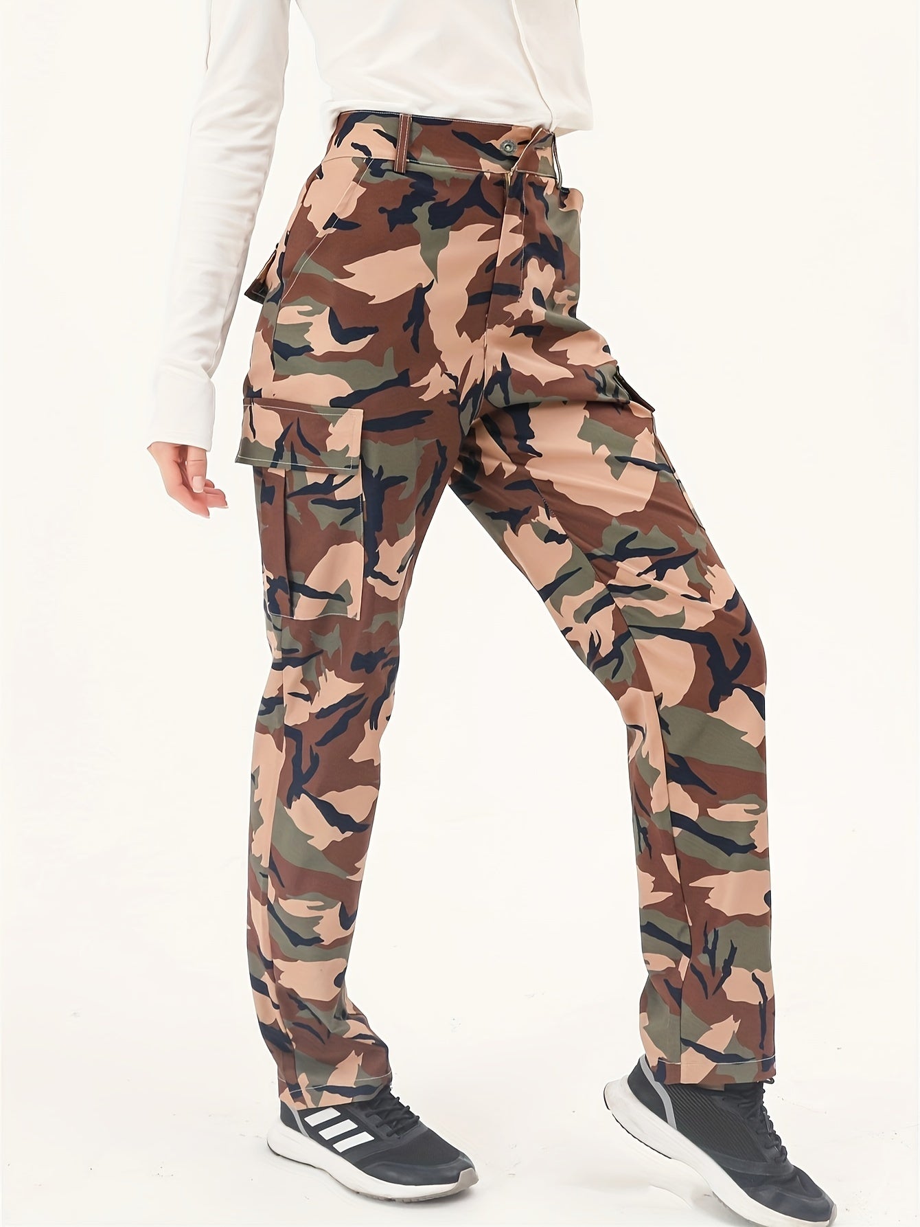 Camo Print Cargo Pants, Casual Long Length Versatile Pants With Pockets, Women's Clothing