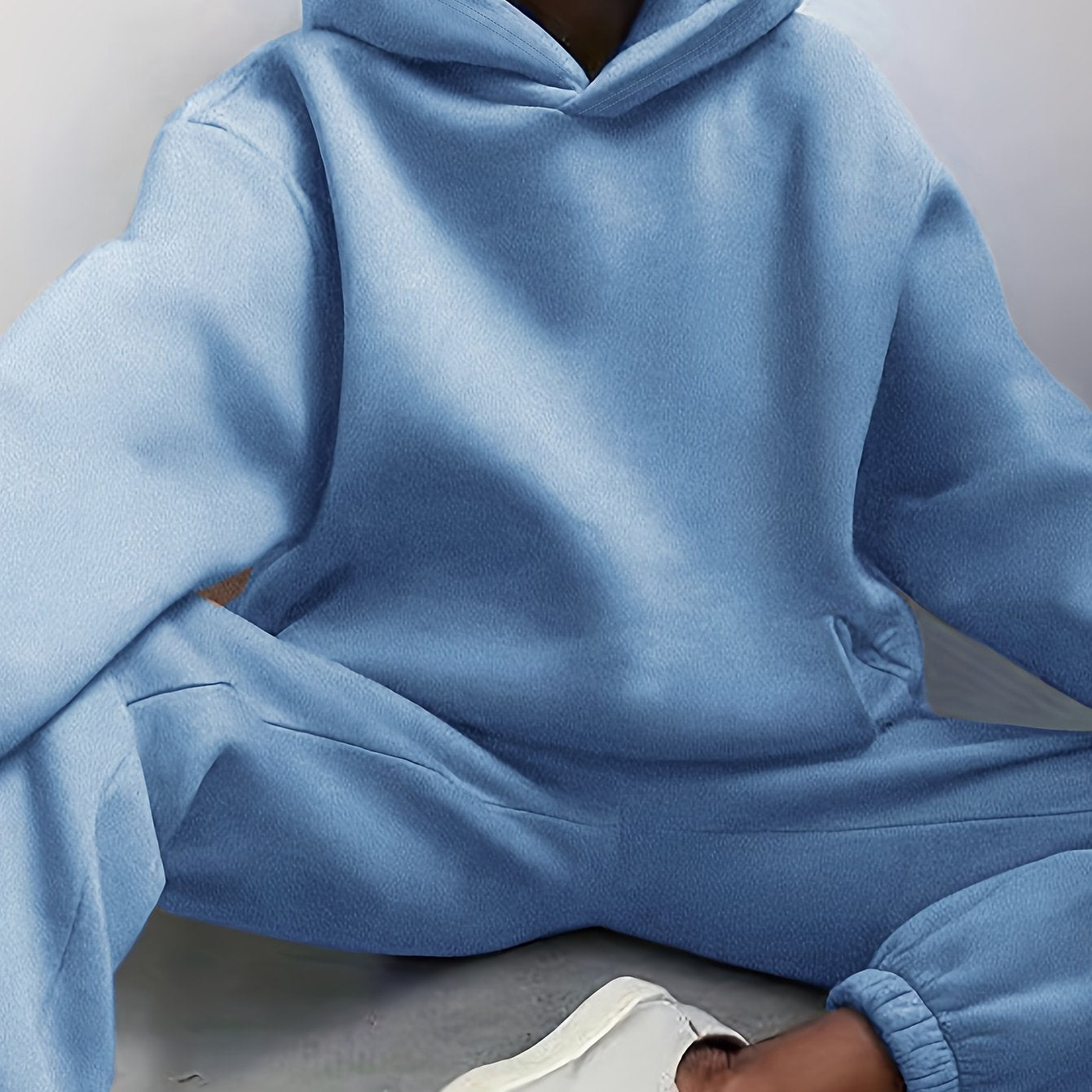 Two-Piece Hooded Set - Soft Polyester Knit Fabric, Drop Shoulder Long Sleeve Hoodie with Pocket, Elastic Waist Jogger Pants for Women, Casual Solid Color Outfit for Fall and Winter Seasons