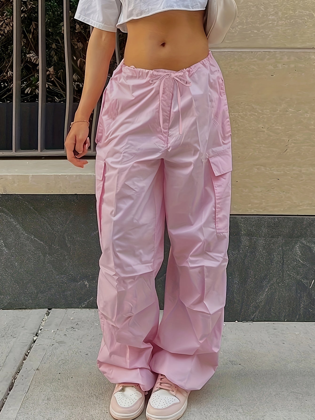 Y2K Loose Drawstring Cargo Pants, Casual Pocket High Waist Solid Wide Leg Fashion Comfy Pants, Women's Clothing
