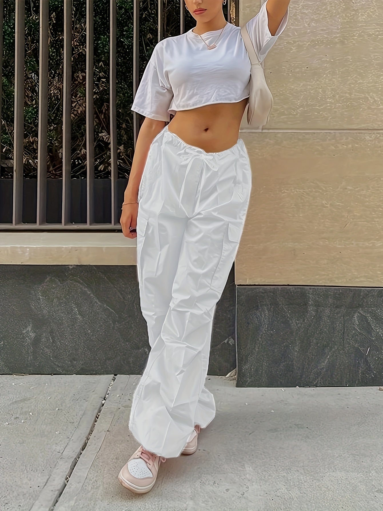 Y2K Loose Drawstring Cargo Pants, Casual Pocket High Waist Solid Wide Leg Fashion Comfy Pants, Women's Clothing