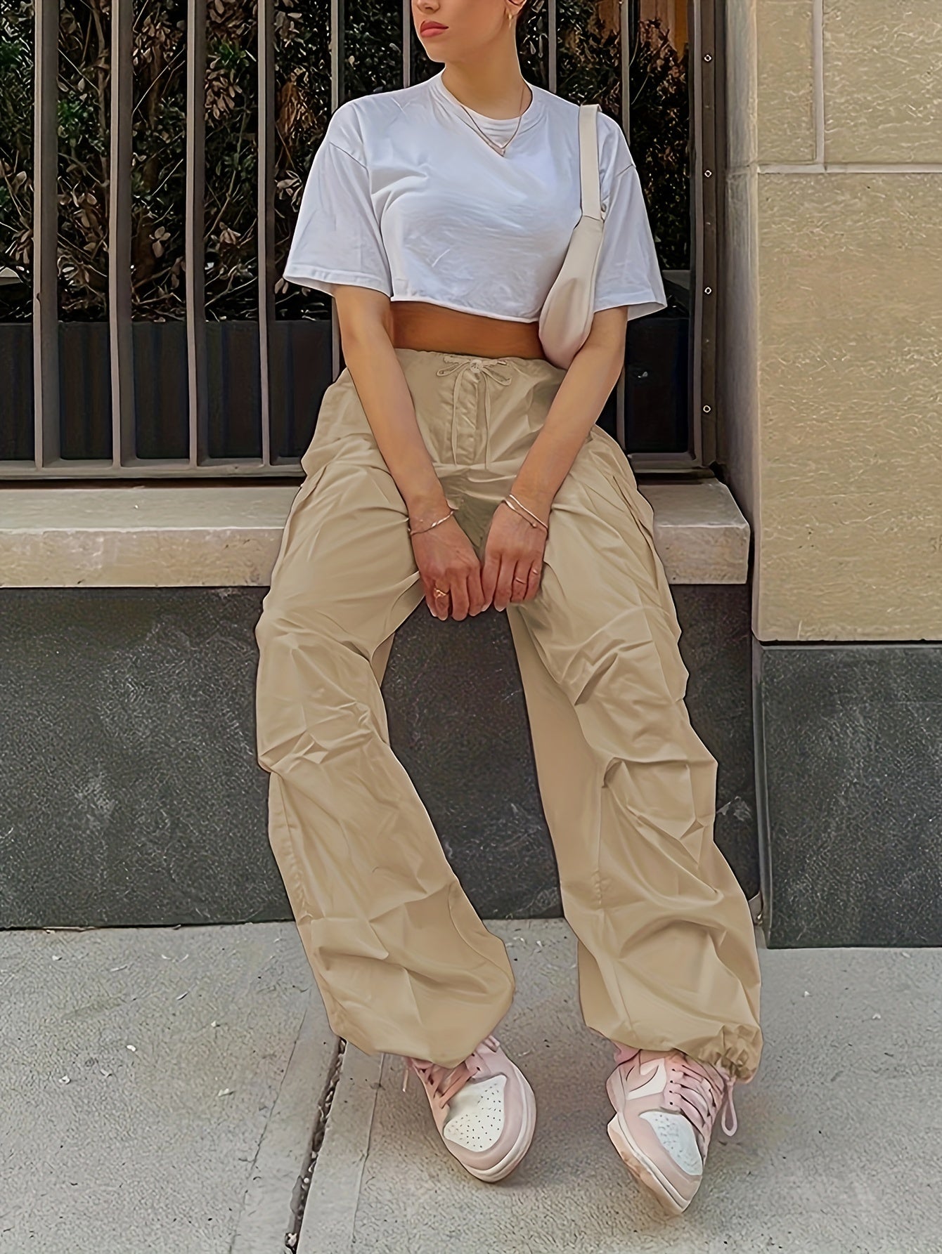 Y2K Loose Drawstring Cargo Pants, Casual Pocket High Waist Solid Wide Leg Fashion Comfy Pants, Women's Clothing