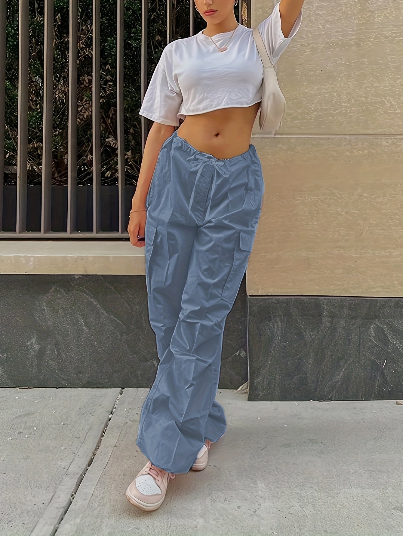 Y2K Loose Drawstring Cargo Pants, Casual Pocket High Waist Solid Wide Leg Fashion Comfy Pants, Women's Clothing