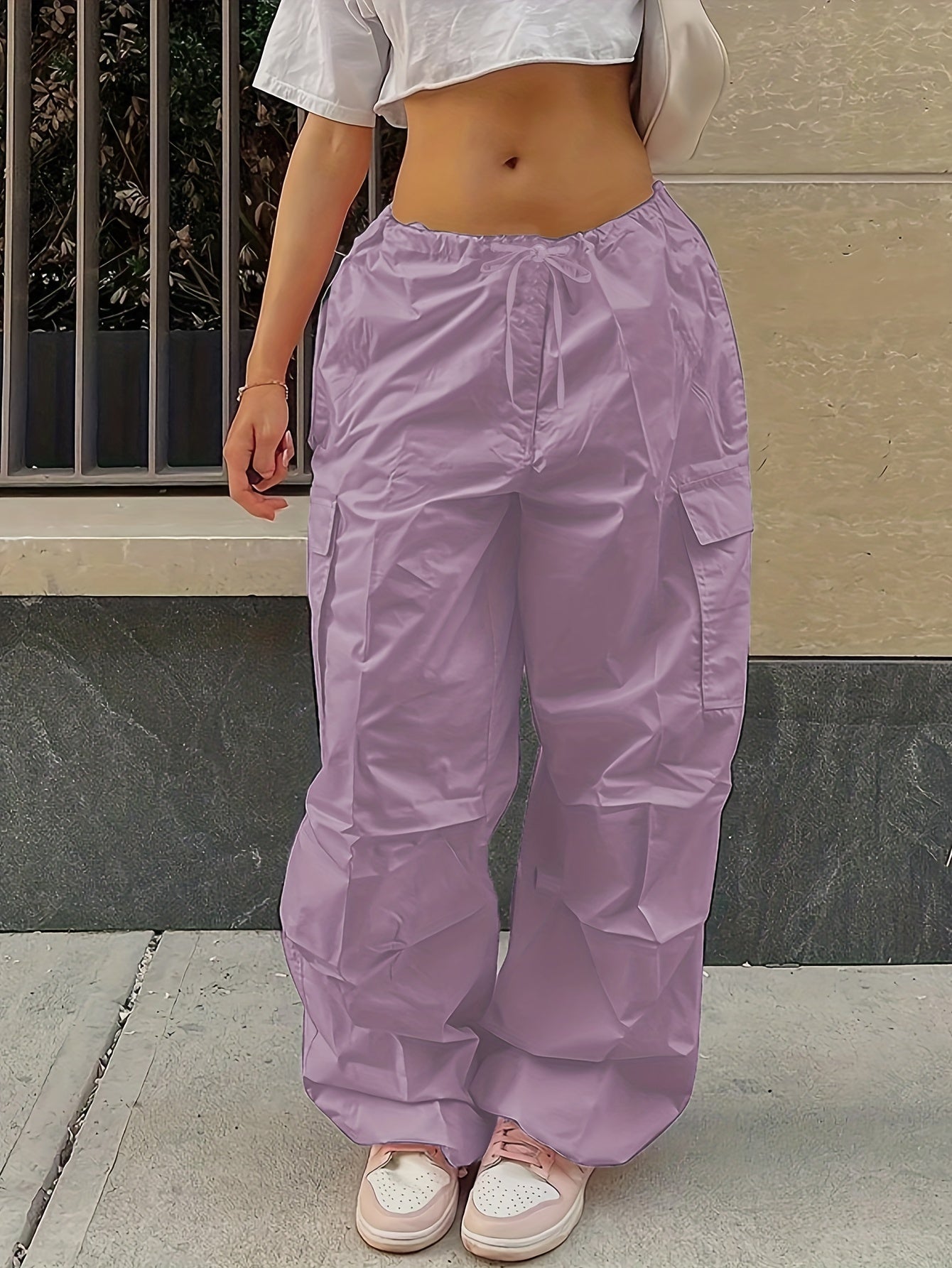 Y2K Loose Drawstring Cargo Pants, Casual Pocket High Waist Solid Wide Leg Fashion Comfy Pants, Women's Clothing