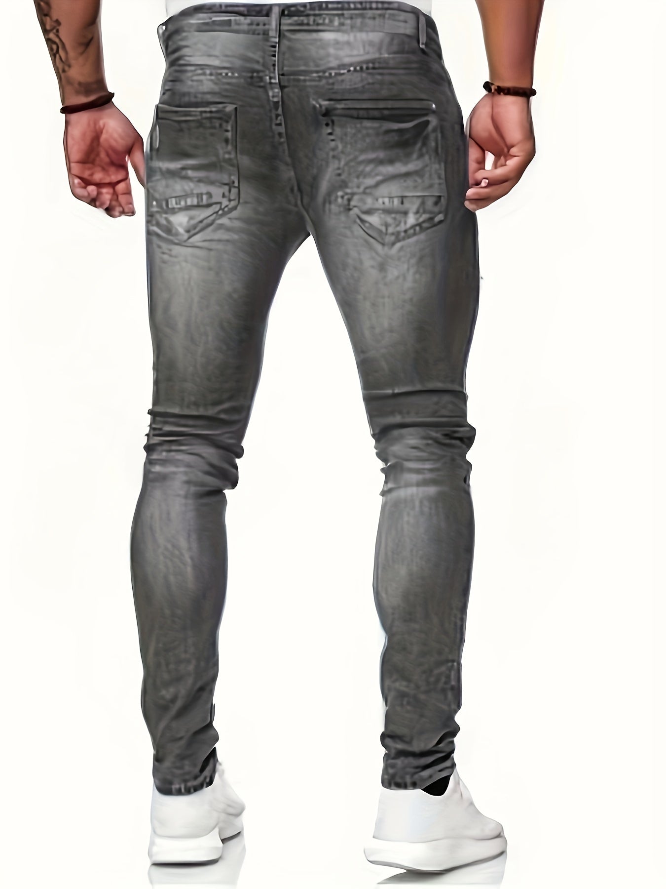 Mid Stretch Slim Fit Ripped Cotton Jeans, Men's Casual Street Style Distressed Denim Pants For Spring Summer