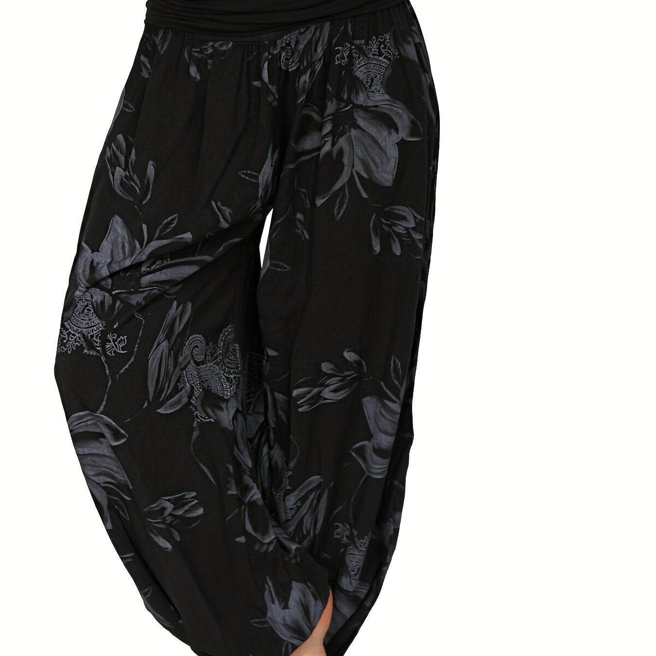Women's Floral Print Harem Pants - Lightweight Polyester, Wide Leg, Casual Vacation Style, Blue and White Flowers, Relaxed Fit Pants|Vacation Style Pants|Machine Washable Fabric, Ladies Pants