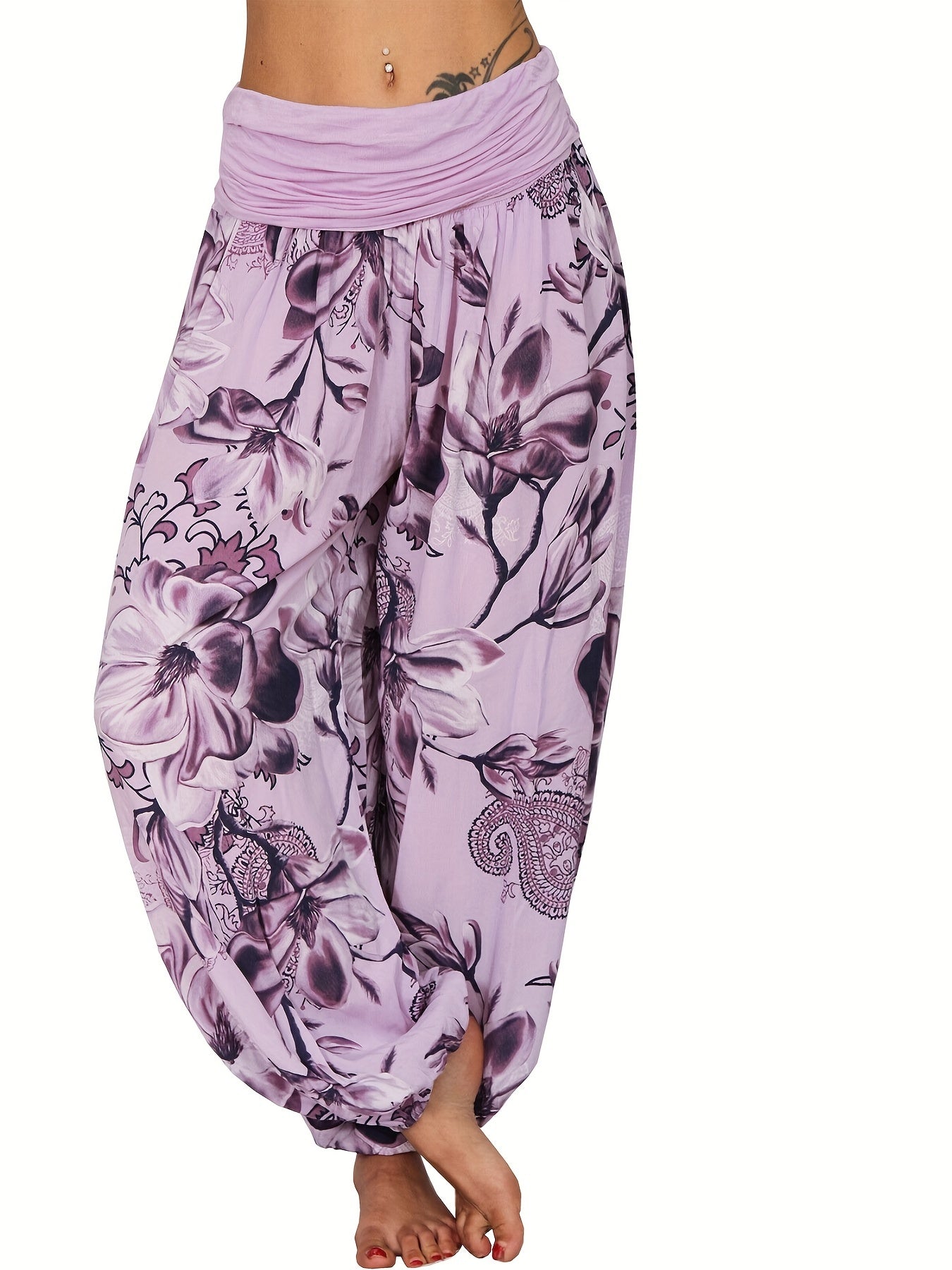 Women's Floral Print Harem Pants - Lightweight Polyester, Wide Leg, Casual Vacation Style, Blue and White Flowers, Relaxed Fit Pants|Vacation Style Pants|Machine Washable Fabric, Ladies Pants