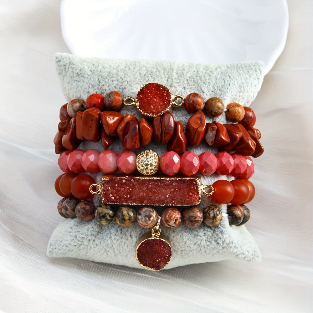 5pcs Bohemian Classic Beaded Bracelet Set, Natural Stone Druzy Gravel Glass, February Birthstone, Elastic Stackable Bracelets for Daily & Vacation Wear, Synthetic Zirconia Accents, All Seasons