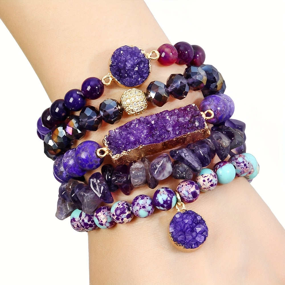 5pcs Bohemian Classic Beaded Bracelet Set, Natural Stone Druzy Gravel Glass, February Birthstone, Elastic Stackable Bracelets for Daily & Vacation Wear, Synthetic Zirconia Accents, All Seasons