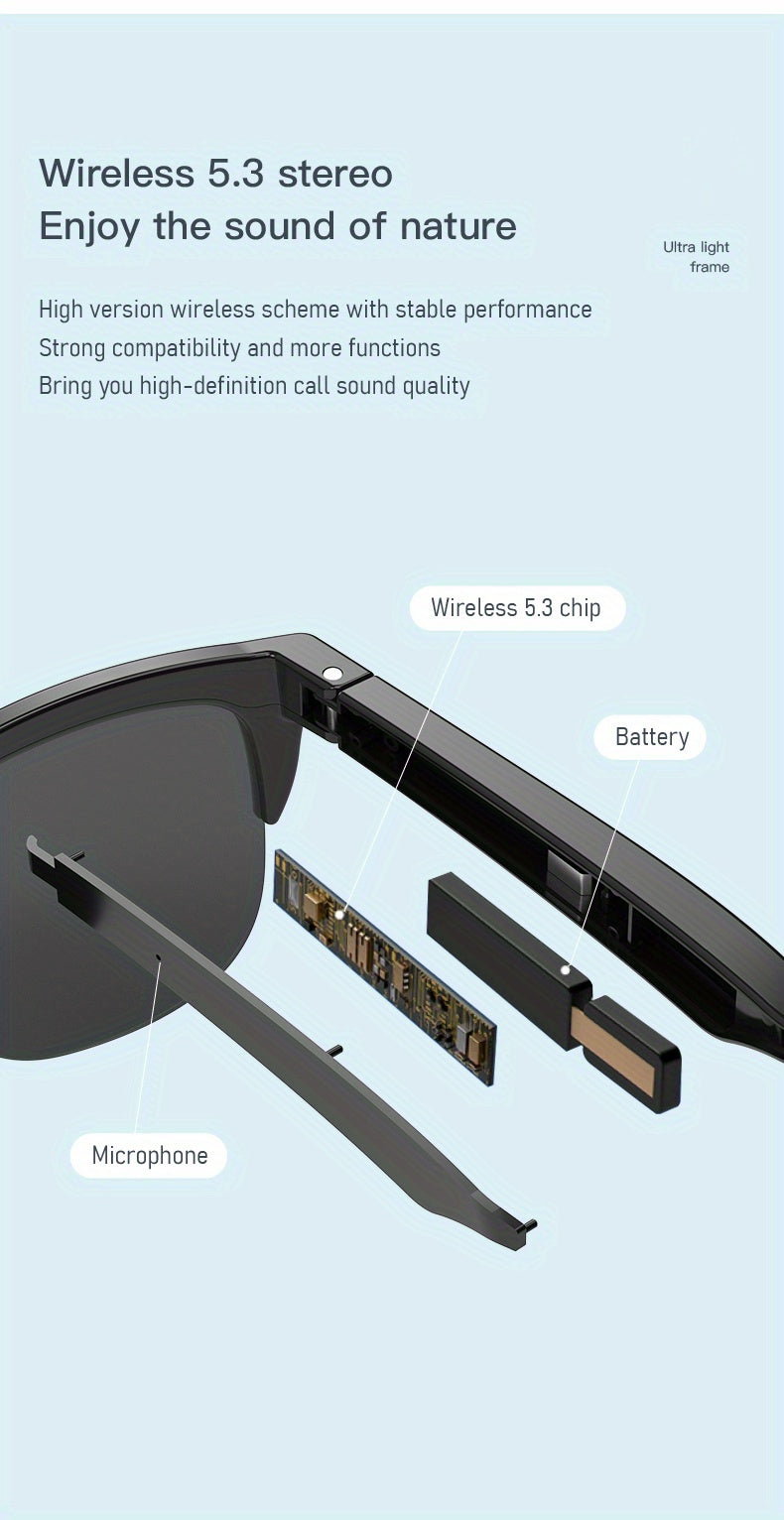 Wireless Smart Sunglasses with Dual Stereo Speakers and HD Mic for Outdoor Sports and Driving