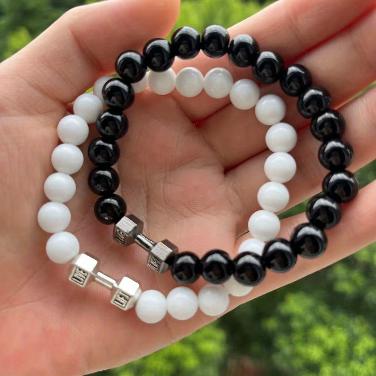 2pcs Men Dumbbell Decor Beaded Bracelets, Gift For Family And Friends, Holiday Birthday Gift For Boyfriends