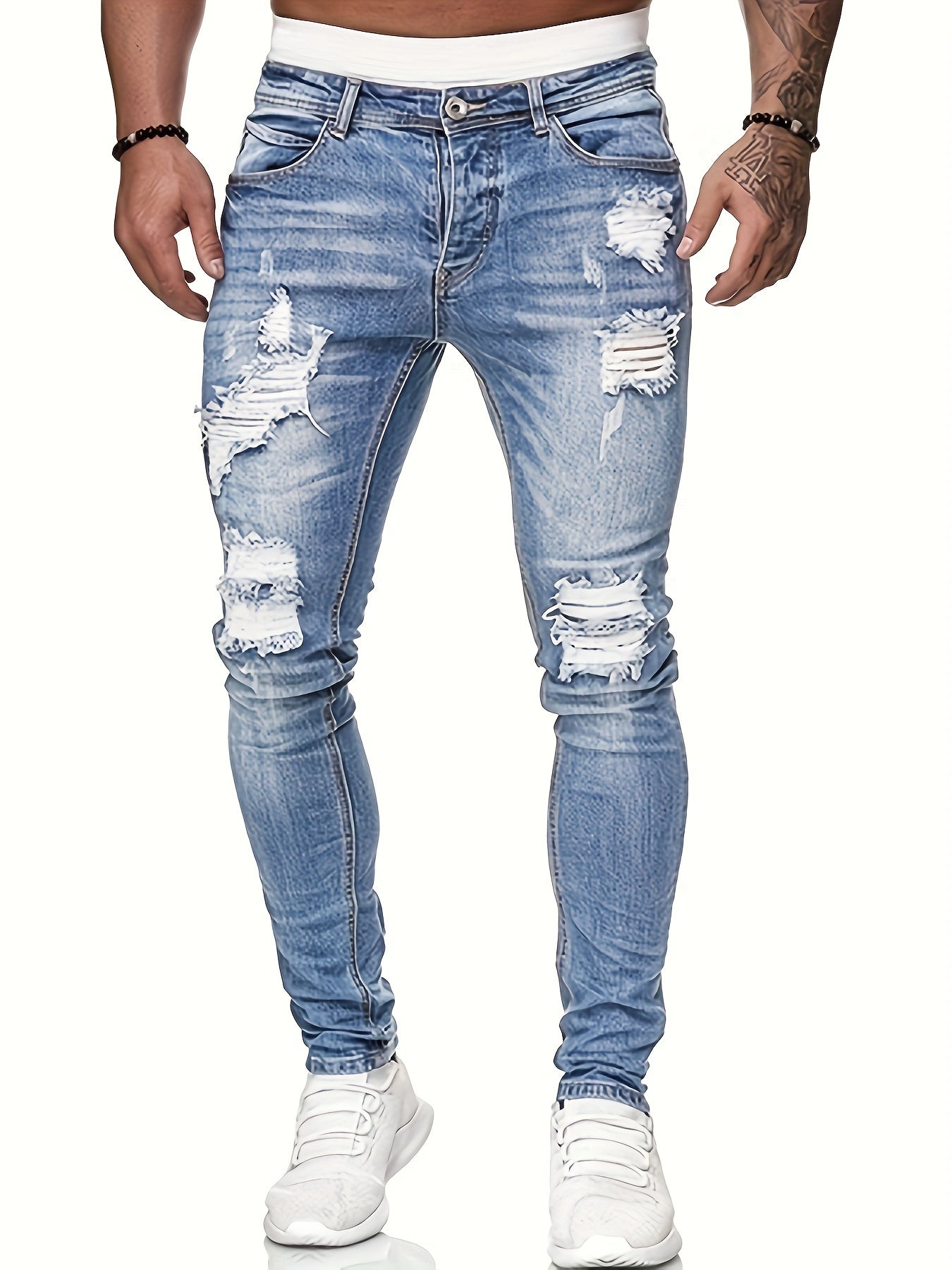Mid Stretch Slim Fit Ripped Cotton Jeans, Men's Casual Street Style Distressed Denim Pants For Spring Summer