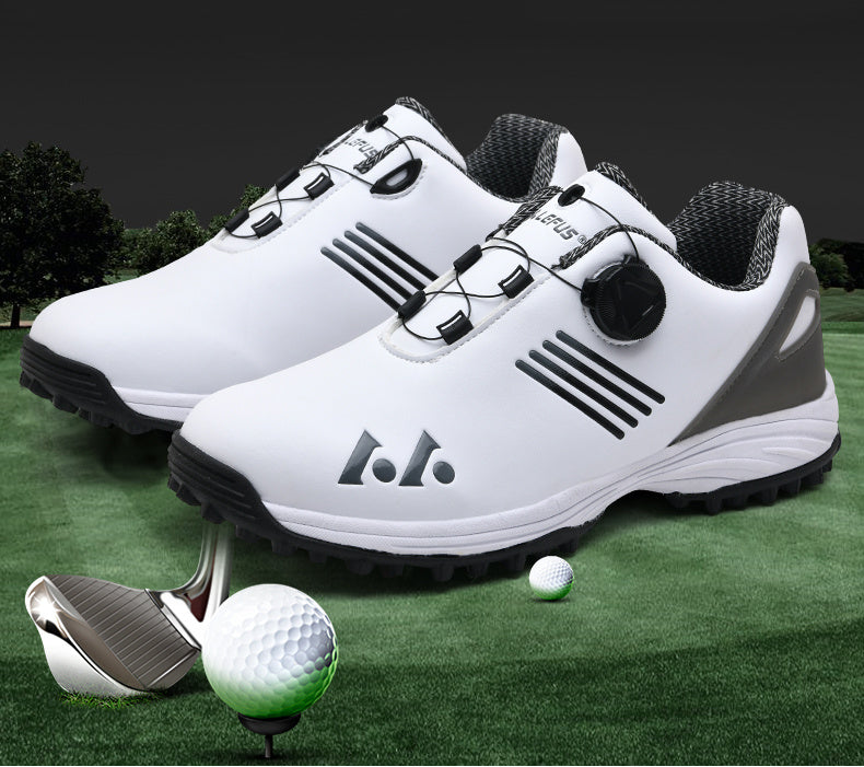 LEFUS Men's High Quality Golf Shoes with Non-Slip Rubber Sole & Swivel Button Closure - All-Weather All-Season Sneakers, Cushioned Insole, White & Black/Gray Athletic Footwear with Traction Tread - Ideal for Golf, Casual & Sp