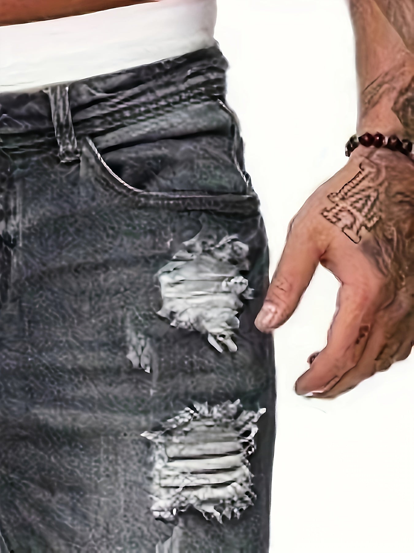 Mid Stretch Slim Fit Ripped Cotton Jeans, Men's Casual Street Style Distressed Denim Pants For Spring Summer