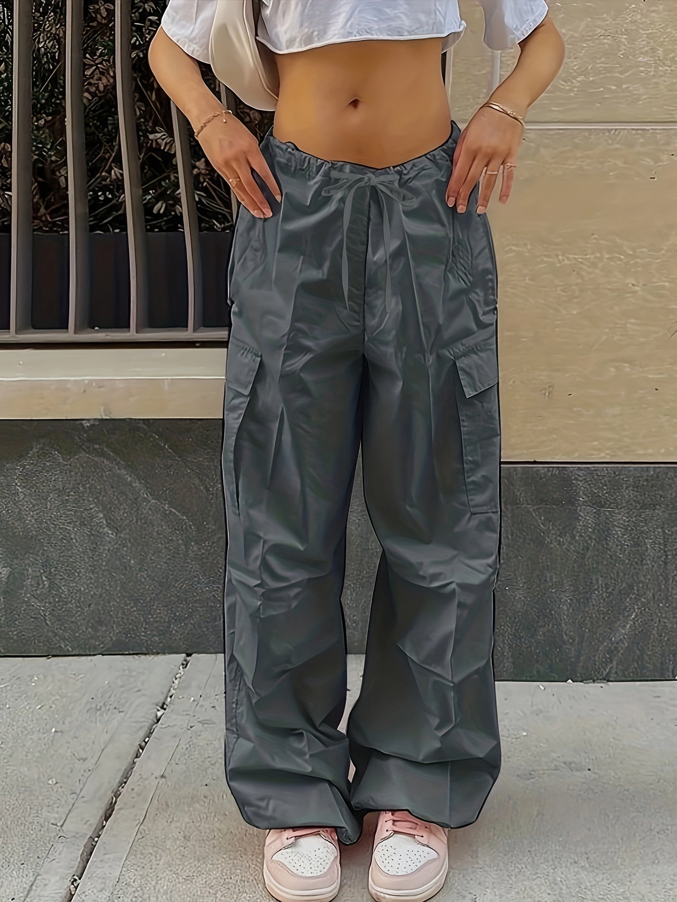 Y2K Loose Drawstring Cargo Pants, Casual Pocket High Waist Solid Wide Leg Fashion Comfy Pants, Women's Clothing