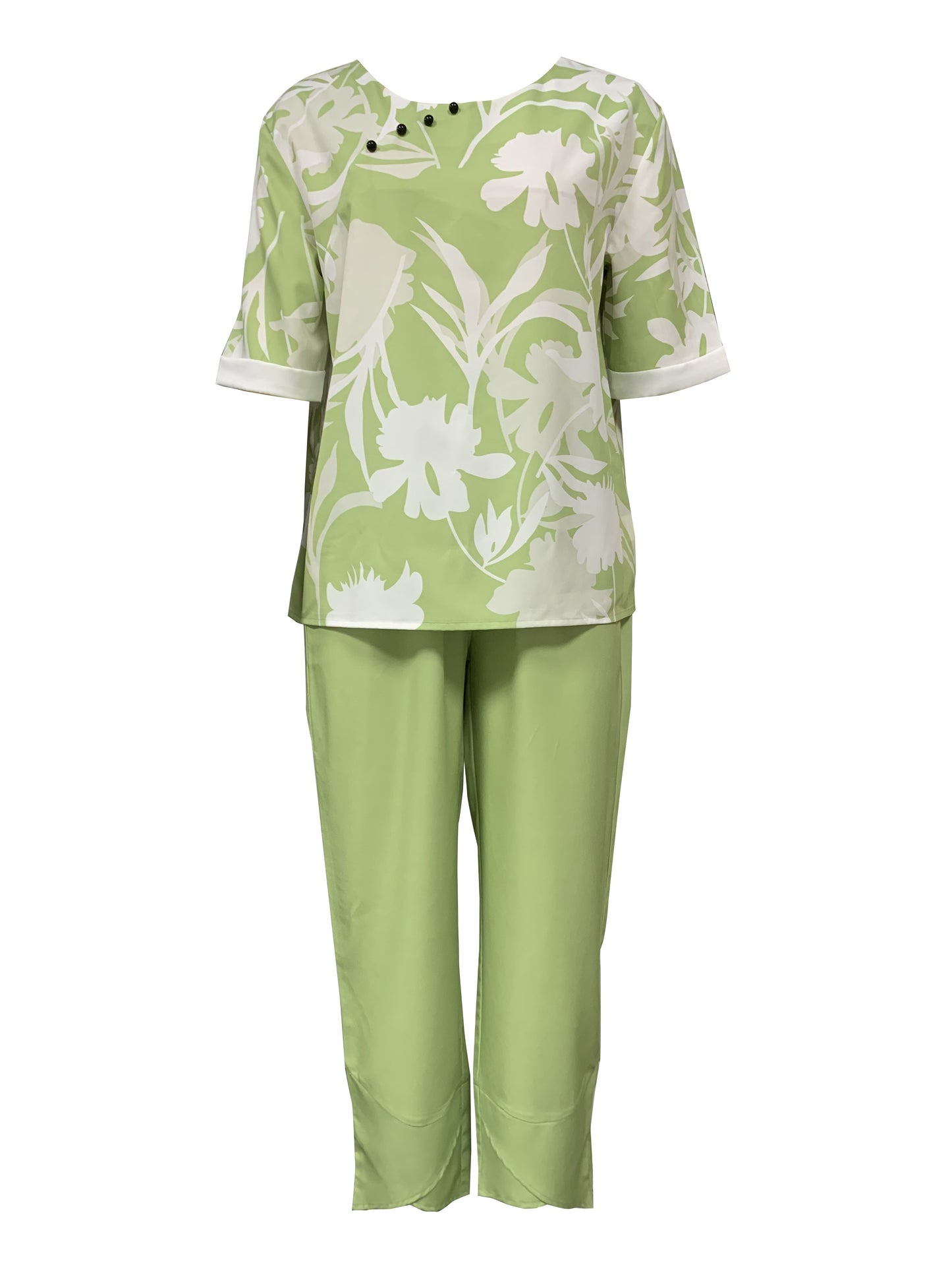 two-piece Women's Plant Print Top and Elastic Waist Pants Outfit - Comfortable and Stylish