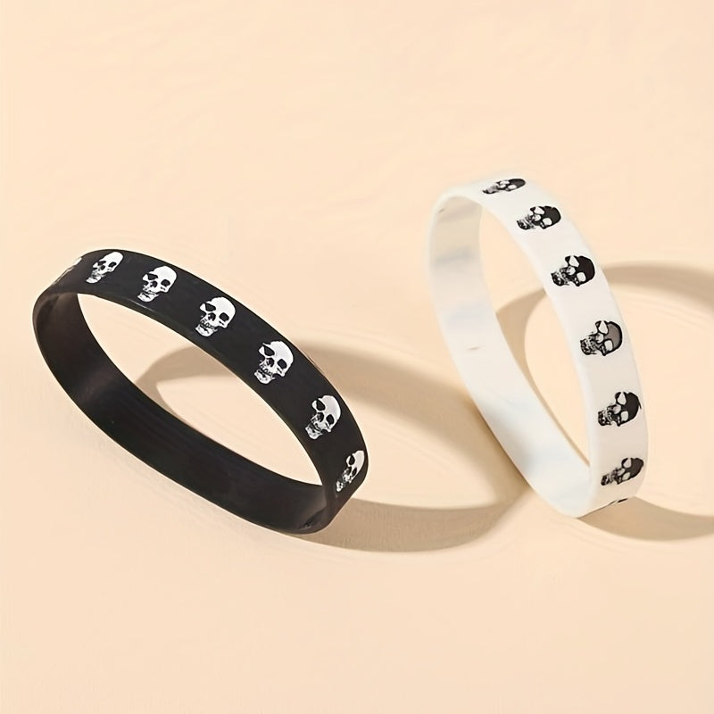 2pcs/Set Punk Style Skull Silicone Bracelets, Funny Cool Sports Rubber Bracelet Bracelet Set