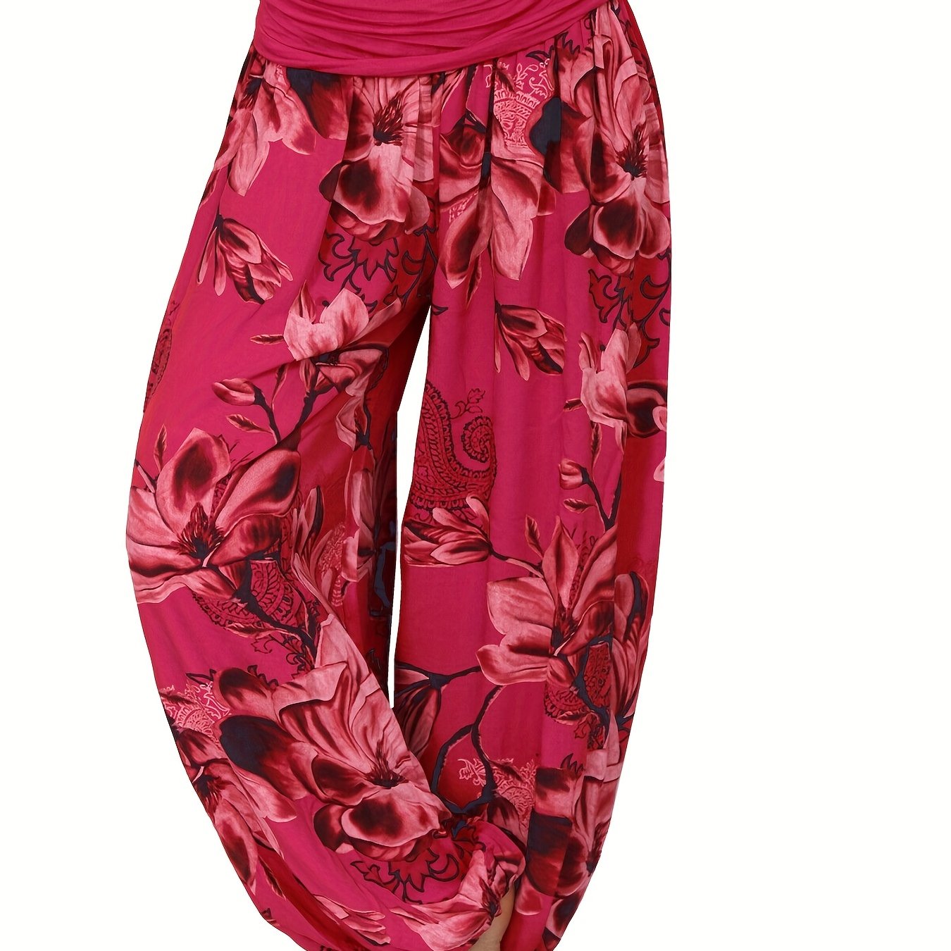 Boho Floral Print Ruched Harem Pants, Casual Bohemian Pants For Spring & Summer, Women's Clothing