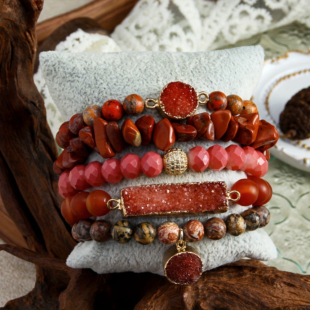 5pcs Bohemian Classic Beaded Bracelet Set, Natural Stone Druzy Gravel Glass, February Birthstone, Elastic Stackable Bracelets for Daily & Vacation Wear, Synthetic Zirconia Accents, All Seasons