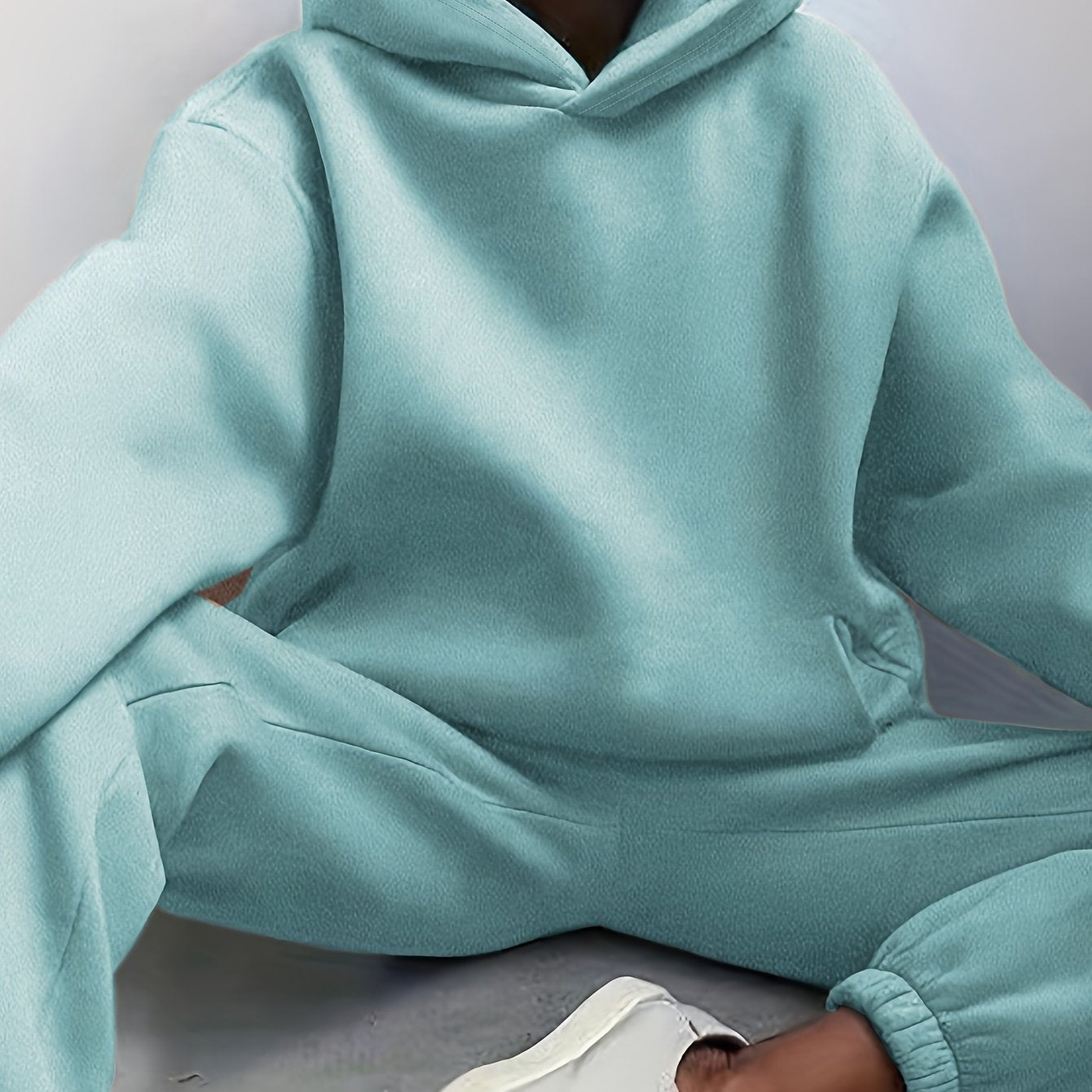 Two-Piece Hooded Set - Soft Polyester Knit Fabric, Drop Shoulder Long Sleeve Hoodie with Pocket, Elastic Waist Jogger Pants for Women, Casual Solid Color Outfit for Fall and Winter Seasons
