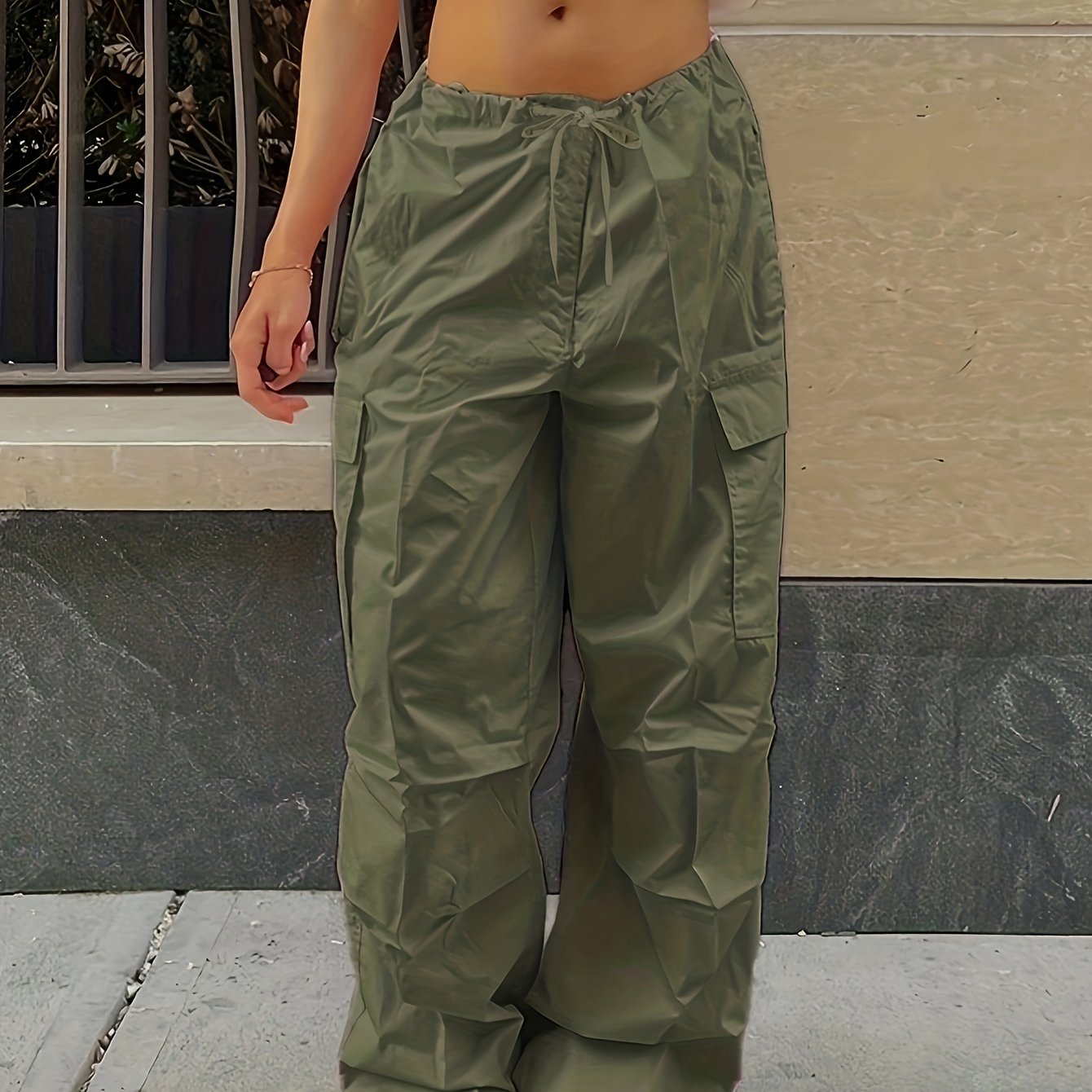 Y2K Loose Drawstring Cargo Pants, Casual Pocket High Waist Solid Wide Leg Fashion Comfy Pants, Women's Clothing