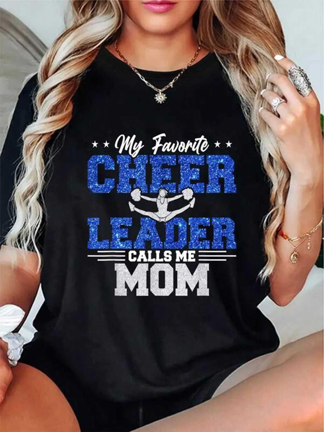 Women's Cheerleader Mom Slogan T-Shirt - "My Favorite LEADER Calls Me MOM" Short Sleeve Round Neck Top, Casual Brown Cheerleading Tee for Moms, Spring Summer Outfits, Dance Team Apparel & Gift Idea, Womens Tops And Blouses, T