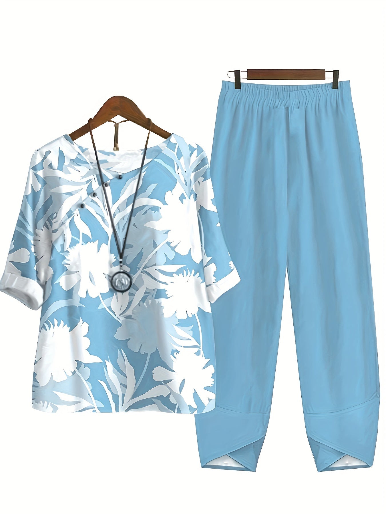 two-piece Women's Plant Print Top and Elastic Waist Pants Outfit - Comfortable and Stylish
