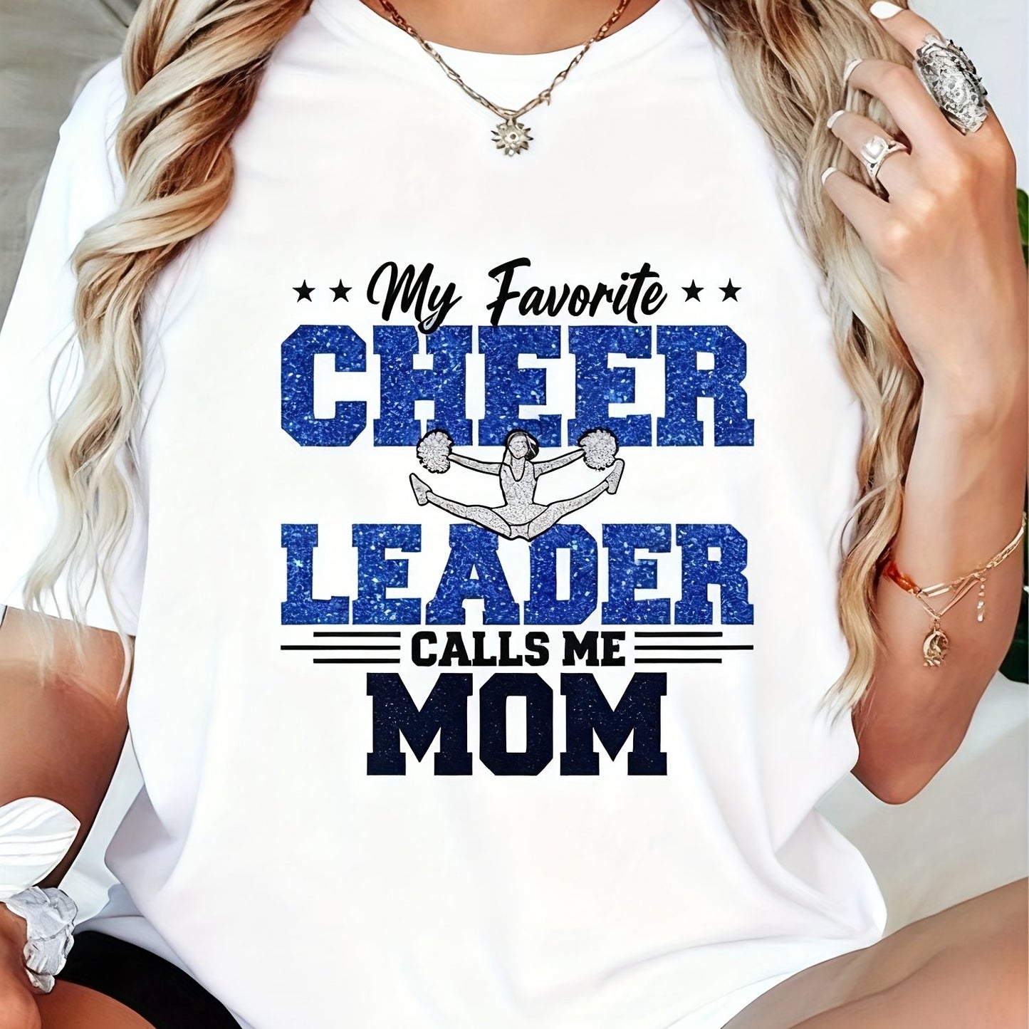 Women's Cheerleader Mom Slogan T-Shirt - "My Favorite LEADER Calls Me MOM" Short Sleeve Round Neck Top, Casual Brown Cheerleading Tee for Moms, Spring Summer Outfits, Dance Team Apparel & Gift Idea, Womens Tops And Blouses, T