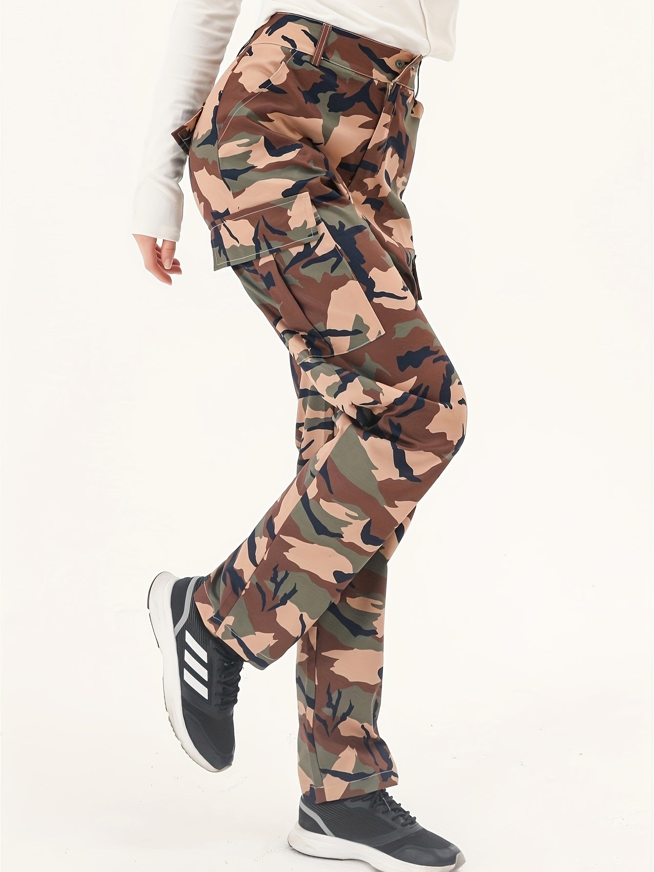 Camo Print Cargo Pants, Casual Long Length Versatile Pants With Pockets, Women's Clothing